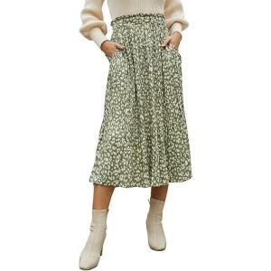 imageEXLURA Womens High Waist Polka Dot Pleated Skirt Midi Swing Skirt with PocketsGreenleopard