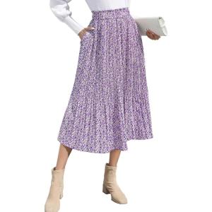 imageEXLURA Womens High Waist Polka Dot Pleated Skirt Midi Swing Skirt with PocketsPurple Floral