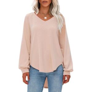imageEXLURA Womens Spring Oversized V Neck Tunic Tops 2025 Casual Long Sleeve Shirts Lightweight Soft Sweater Curved Hem T ShirtsApricot