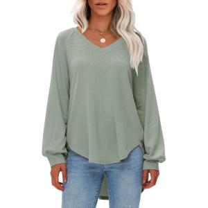 imageEXLURA Womens Spring Oversized V Neck Tunic Tops 2025 Casual Long Sleeve Shirts Lightweight Soft Sweater Curved Hem T ShirtsArmy Green