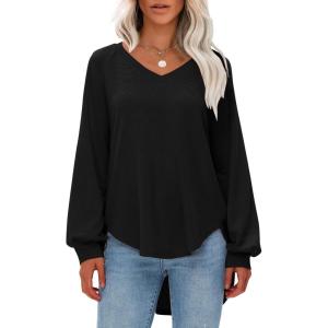 imageEXLURA Womens Spring Oversized V Neck Tunic Tops 2025 Casual Long Sleeve Shirts Lightweight Soft Sweater Curved Hem T ShirtsBlack