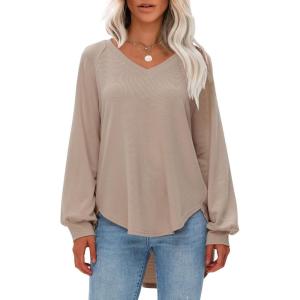 imageEXLURA Womens Spring Oversized V Neck Tunic Tops 2025 Casual Long Sleeve Shirts Lightweight Soft Sweater Curved Hem T ShirtsBrown