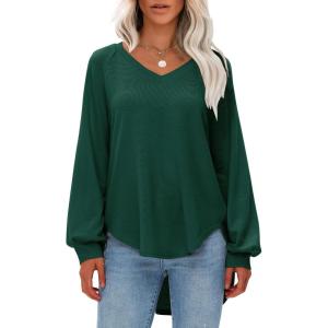 imageEXLURA Womens Spring Oversized V Neck Tunic Tops 2025 Casual Long Sleeve Shirts Lightweight Soft Sweater Curved Hem T ShirtsDark Green