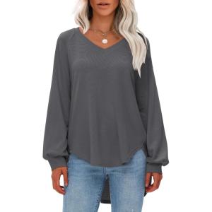 imageEXLURA Womens Spring Oversized V Neck Tunic Tops 2025 Casual Long Sleeve Shirts Lightweight Soft Sweater Curved Hem T ShirtsDark Grey