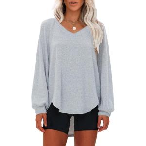 imageEXLURA Womens Spring Oversized V Neck Tunic Tops 2025 Casual Long Sleeve Shirts Lightweight Soft Sweater Curved Hem T ShirtsGrey