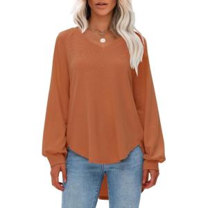 imageEXLURA Womens Spring Oversized V Neck Tunic Tops 2025 Casual Long Sleeve Shirts Lightweight Soft Sweater Curved Hem T ShirtsOrange