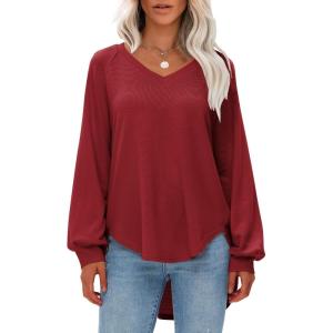 imageEXLURA Womens Spring Oversized V Neck Tunic Tops 2025 Casual Long Sleeve Shirts Lightweight Soft Sweater Curved Hem T ShirtsRed