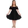 imageEXLURA Girls 2024 Summer Dress Square Neck Tie Back Puff Sleeve Ruffle Hem Off Shoulder A Line Casual Elegant Dresses 615YBlack