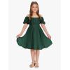 imageEXLURA Girls 2024 Summer Dress Square Neck Tie Back Puff Sleeve Ruffle Hem Off Shoulder A Line Casual Elegant Dresses 615YDark Green