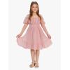 imageEXLURA Girls 2024 Summer Dress Square Neck Tie Back Puff Sleeve Ruffle Hem Off Shoulder A Line Casual Elegant Dresses 615YPink