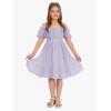 imageEXLURA Girls 2024 Summer Dress Square Neck Tie Back Puff Sleeve Ruffle Hem Off Shoulder A Line Casual Elegant Dresses 615YPurple
