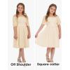imageEXLURA Girls 2025 Summer Dresses Short Sleeve Swiss Dot Square Neck Flowy A Line Kids Dress Casual Party Midi Dress 615YApricot