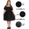 imageEXLURA Girls 2025 Summer Dresses Short Sleeve Swiss Dot Square Neck Flowy A Line Kids Dress Casual Party Midi Dress 615YBlack