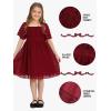 imageEXLURA Girls 2025 Summer Dresses Short Sleeve Swiss Dot Square Neck Flowy A Line Kids Dress Casual Party Midi Dress 615YBurgundy