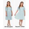 imageEXLURA Girls 2025 Summer Dresses Short Sleeve Swiss Dot Square Neck Flowy A Line Kids Dress Casual Party Midi Dress 615YLight Blue