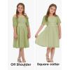 imageEXLURA Girls 2025 Summer Dresses Short Sleeve Swiss Dot Square Neck Flowy A Line Kids Dress Casual Party Midi Dress 615YLight Green
