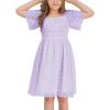 imageEXLURA Girls 2025 Summer Dresses Short Sleeve Swiss Dot Square Neck Flowy A Line Kids Dress Casual Party Midi Dress 615YLight Purple