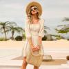 imageEXLURA Womens Lantern Sleeve Tie Back Summer Dress Ruffled Off Shoulder ALine Vintage Mini DressApricot