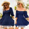 imageEXLURA Womens Lantern Sleeve Tie Back Summer Dress Ruffled Off Shoulder ALine Vintage Mini DressDark Blue