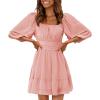 imageEXLURA Womens Lantern Sleeve Tie Back Summer Dress Ruffled Off Shoulder ALine Vintage Mini DressLight Pink