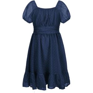 imageEXLURA Girls 2024 Summer Dress Square Neck Tie Back Puff Sleeve Ruffle Hem Off Shoulder A Line Casual Elegant Dresses 615YDark Blue