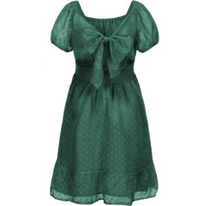 imageEXLURA Girls 2024 Summer Dress Square Neck Tie Back Puff Sleeve Ruffle Hem Off Shoulder A Line Casual Elegant Dresses 615YDark Green