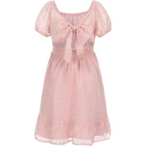 imageEXLURA Girls 2024 Summer Dress Square Neck Tie Back Puff Sleeve Ruffle Hem Off Shoulder A Line Casual Elegant Dresses 615YPink