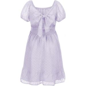 imageEXLURA Girls 2024 Summer Dress Square Neck Tie Back Puff Sleeve Ruffle Hem Off Shoulder A Line Casual Elegant Dresses 615YPurple