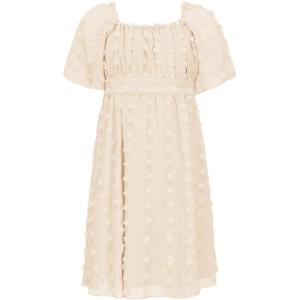 imageEXLURA Girls 2025 Summer Dresses Short Sleeve Swiss Dot Square Neck Flowy A Line Kids Dress Casual Party Midi Dress 615YApricot