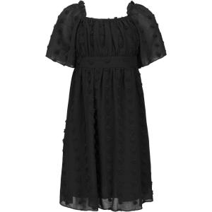imageEXLURA Girls 2025 Summer Dresses Short Sleeve Swiss Dot Square Neck Flowy A Line Kids Dress Casual Party Midi Dress 615YBlack
