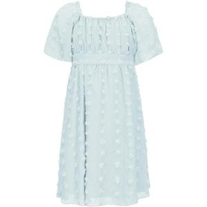 imageEXLURA Girls 2025 Summer Dresses Short Sleeve Swiss Dot Square Neck Flowy A Line Kids Dress Casual Party Midi Dress 615YLight Blue