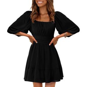 imageEXLURA Womens Lantern Sleeve Tie Back Summer Dress Ruffled Off Shoulder ALine Vintage Mini DressBlack