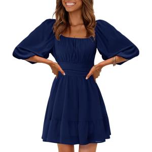 imageEXLURA Womens Lantern Sleeve Tie Back Summer Dress Ruffled Off Shoulder ALine Vintage Mini DressDark Blue