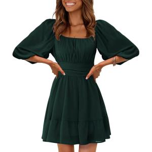 imageEXLURA Womens Lantern Sleeve Tie Back Summer Dress Ruffled Off Shoulder ALine Vintage Mini DressDark Green