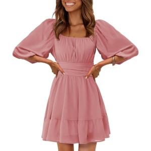 imageEXLURA Womens Lantern Sleeve Tie Back Summer Dress Ruffled Off Shoulder ALine Vintage Mini DressDusty Pink