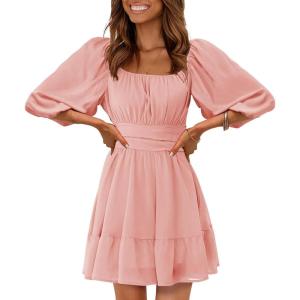 imageEXLURA Womens Lantern Sleeve Tie Back Summer Dress Ruffled Off Shoulder ALine Vintage Mini DressLight Pink