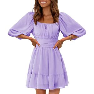 imageEXLURA Womens Lantern Sleeve Tie Back Summer Dress Ruffled Off Shoulder ALine Vintage Mini DressLilac Purple