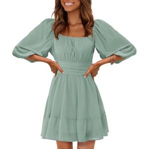 imageEXLURA Womens Lantern Sleeve Tie Back Summer Dress Ruffled Off Shoulder ALine Vintage Mini DressSage Green