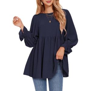 imageEXLURA Womens Long Sleeve Blouses Swiss Dot Babydoll Loose Fit Maternity Tops 2025 Fall Tunic Shirts Dressy Casual TopsNavy Blue
