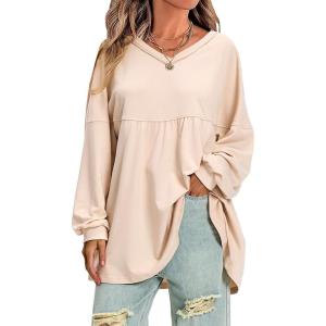 imageEXLURA Womens Spring Long Sleeve Shirts V Neck Casual Maternity Tops Loose Babydoll Pullover Dressy Tunic Blouse Outfits 2025Apricot