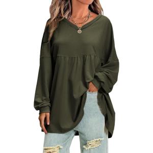 imageEXLURA Womens Spring Long Sleeve Shirts V Neck Casual Maternity Tops Loose Babydoll Pullover Dressy Tunic Blouse Outfits 2025Army Green