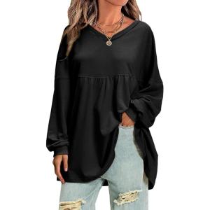 imageEXLURA Womens Spring Long Sleeve Shirts V Neck Casual Maternity Tops Loose Babydoll Pullover Dressy Tunic Blouse Outfits 2025Black