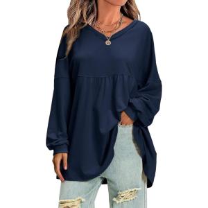 imageEXLURA Womens Spring Long Sleeve Shirts V Neck Casual Maternity Tops Loose Babydoll Pullover Dressy Tunic Blouse Outfits 2025Dark Blue