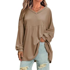 imageEXLURA Womens Spring Long Sleeve Shirts V Neck Casual Maternity Tops Loose Babydoll Pullover Dressy Tunic Blouse Outfits 2025Dark Khaki