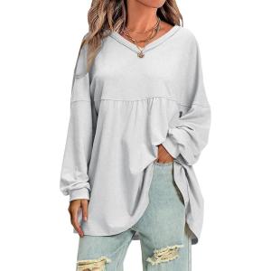 imageEXLURA Womens Spring Long Sleeve Shirts V Neck Casual Maternity Tops Loose Babydoll Pullover Dressy Tunic Blouse Outfits 2025Grey
