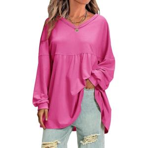 imageEXLURA Womens Spring Long Sleeve Shirts V Neck Casual Maternity Tops Loose Babydoll Pullover Dressy Tunic Blouse Outfits 2025Hot Pink