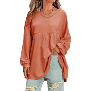 imageEXLURA Womens Spring Long Sleeve Shirts V Neck Casual Maternity Tops Loose Babydoll Pullover Dressy Tunic Blouse Outfits 2025Orange
