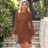 imageByinns Womens 2024 Knit Sweater Bodycon Mini Dress Ribbed Long Sleeve Ruffle Hem Cocktail Party Sexy Fall Winter DressesBrown