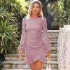 imageByinns Womens 2024 Knit Sweater Bodycon Mini Dress Ribbed Long Sleeve Ruffle Hem Cocktail Party Sexy Fall Winter DressesPink