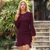 imageByinns Womens 2024 Knit Sweater Bodycon Mini Dress Ribbed Long Sleeve Ruffle Hem Cocktail Party Sexy Fall Winter DressesWine Red